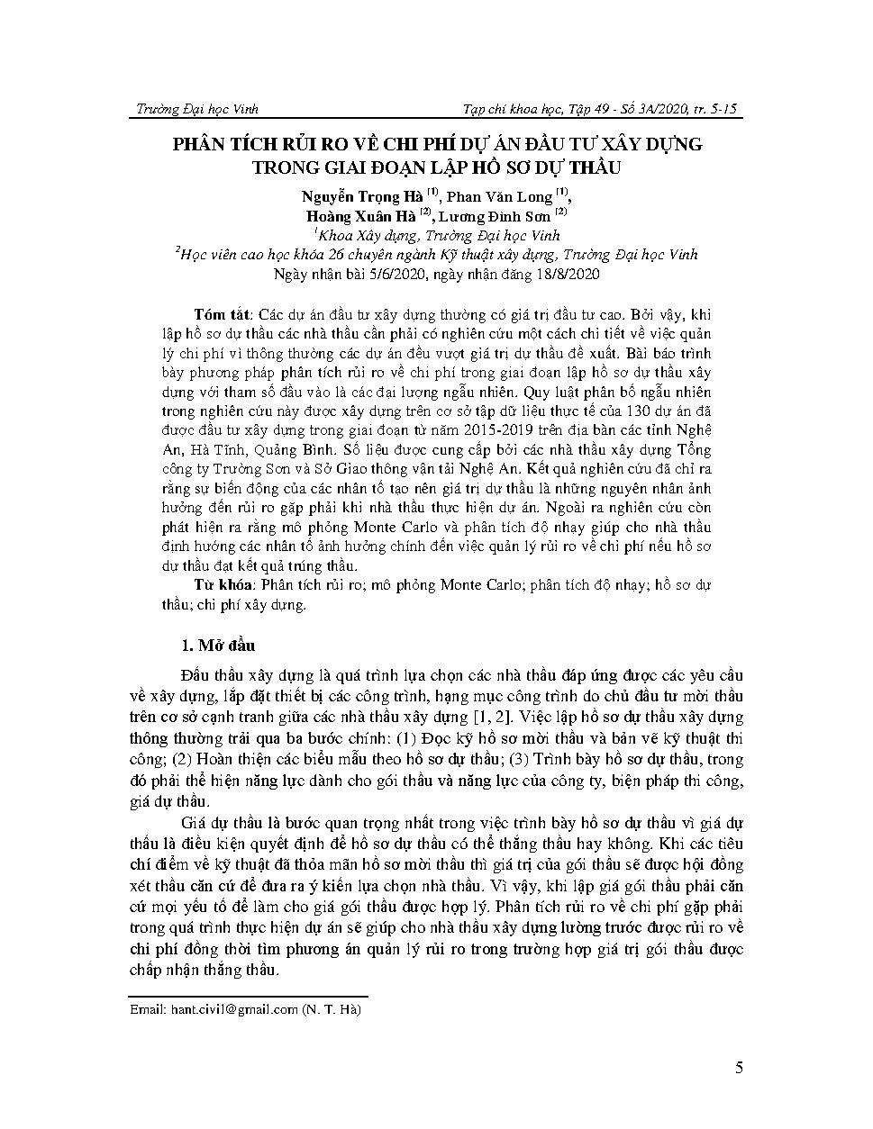 Phân tích rủi ro về chi phí dự án đầu tư xây dựng trong giai đoạn lập hồ sơ dự thầu = Analysis of construction project cost risk in bidding documents preparation phase
