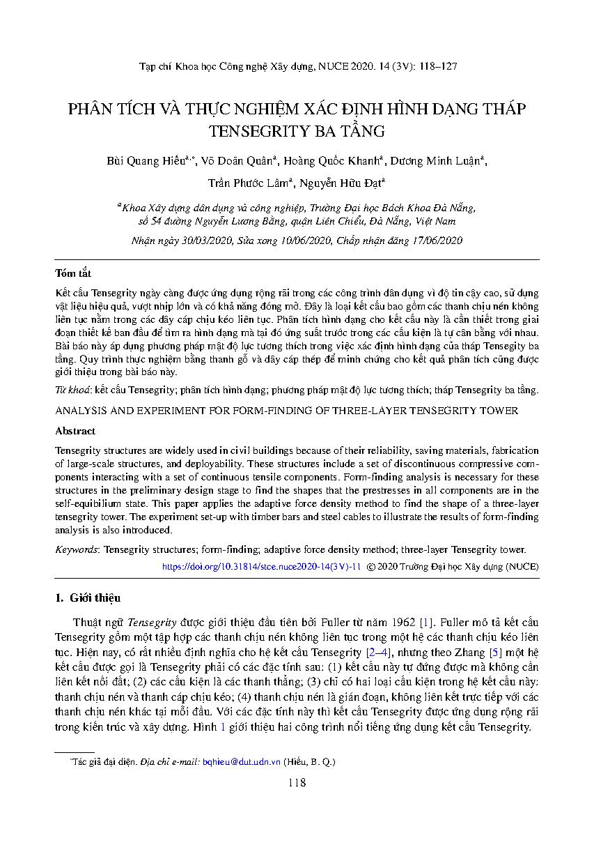 Phân tích và thực nghiệm xác định hình dạng tháp Tensegrity ba tầng = Analysis and experiment for form-finding of three-layer tensegrity tower