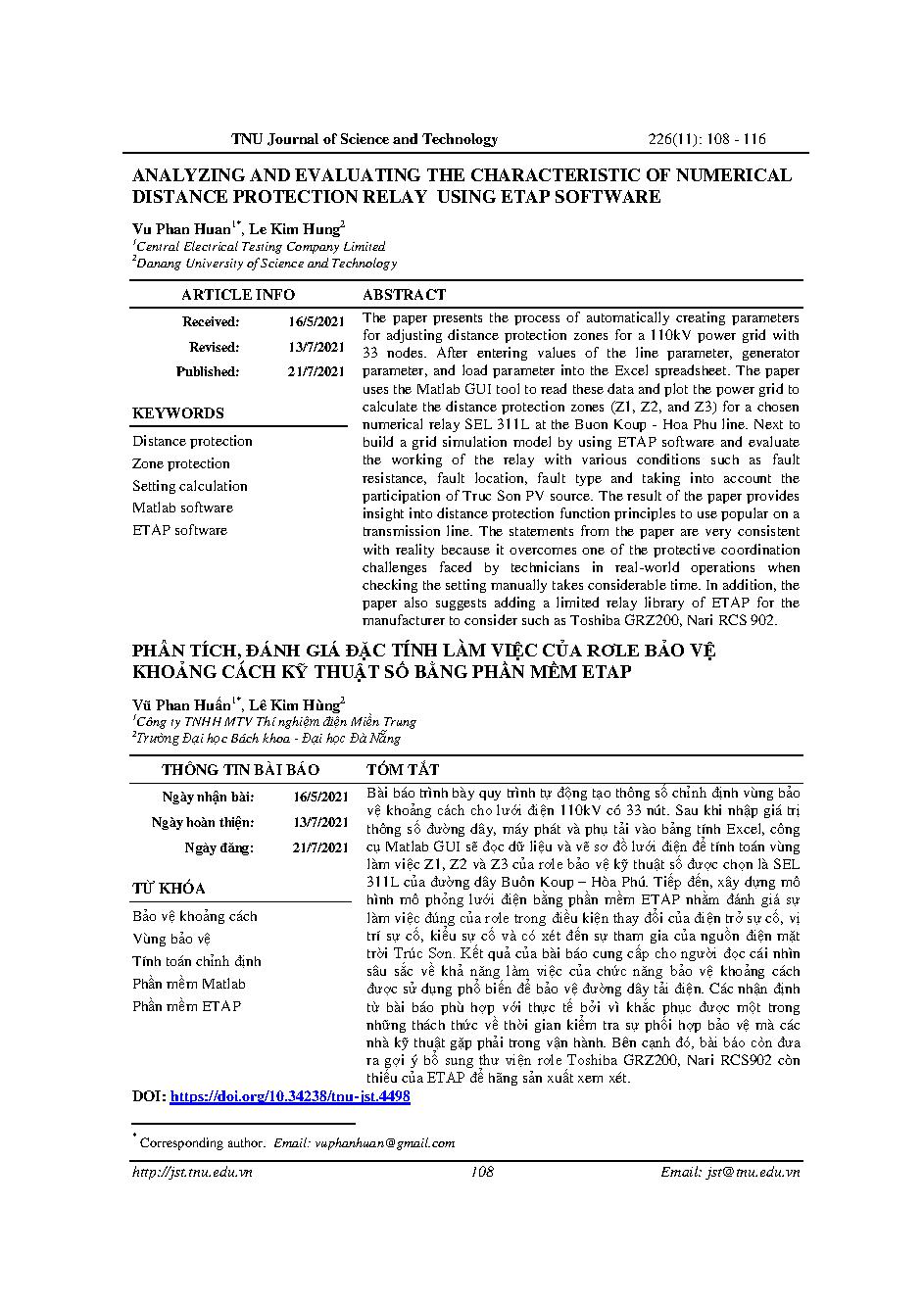 Phân tích, đánh giá đặc tính làm việc của rơle bảo vệ khoảng cách kỹ thuật số bằng phần mềm ETAP = Analyzing and evaluating the characteristic of numerical distance protection relay using etap software