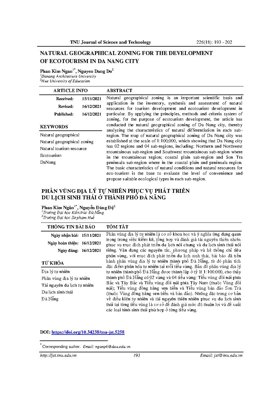 Phân vùng địa lý tự nhiên phục vụ phát triển du lịch sinh thái ở thành phố Đà Nẵng = Natural geographical zoning for the development of ecotourism in Da Nang city