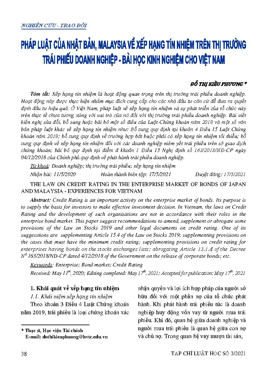 Pháp luật của Nhật Bản, Malaysia về xếp hạng tín nhiệm trên thị trường trái phiếu doanh nghiệp – Bài học kinh nghiệm cho Việt Nam = The law on credit rating in the enterprise market of bonds of Japan and Malaysia - experiences for Vietnam