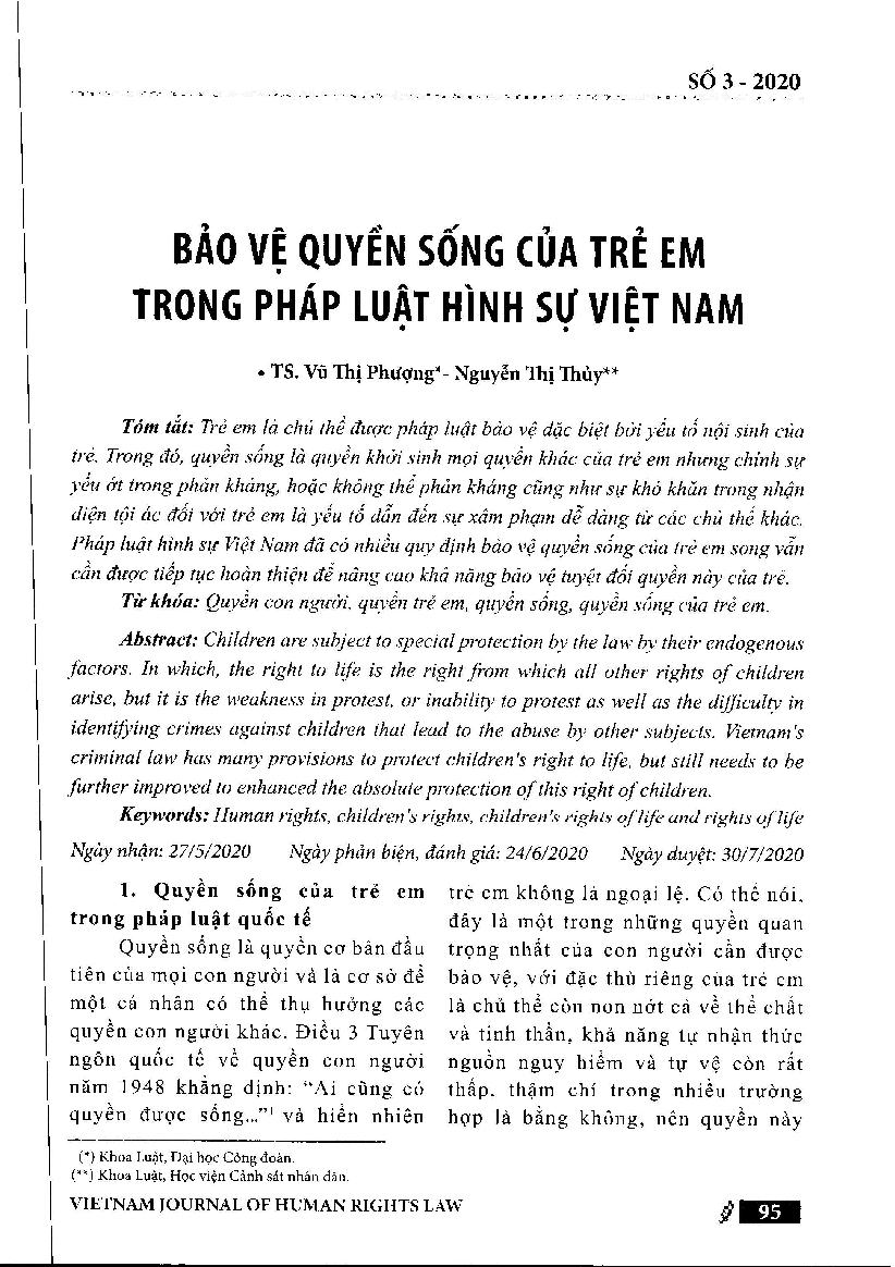 Pháp luật hình sự Việt Nam bảo vệ quyến sống của trẻ em và một số đề xuất hoàn thiện = Vietnamese criminal law on protection of children's right to life and some recommendations