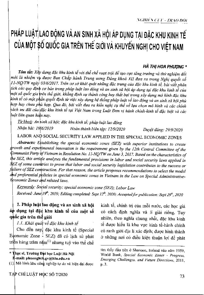 Pháp luật lao động và an sinh xã hội áp dụng tại đặc khu kinh tế của một số quốc gia trên thế giới và khuyến nghị cho Việt Nam = Labor and social security law applied in the special economic zones