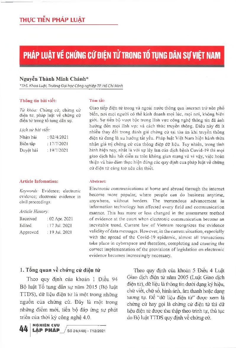 Pháp luật về chứng cứ điện tử trong tố tụng dân sự Việt Nam = Law on electronic evidence in civil proceedings in Vietnam