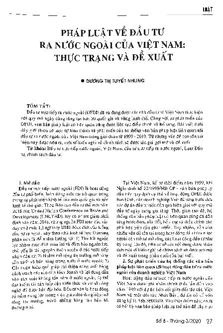 Pháp luật về đầu tư ra nước ngoài của Việt Nam: Thực trạng và đề xuất = Vietnam's law on outward foreign direct investment: Current situation and recommendations