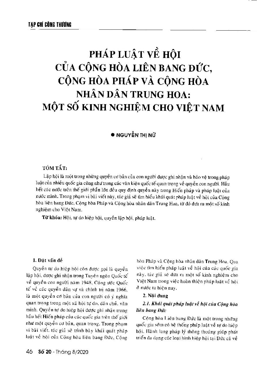 Pháp luật về hội của Cộng hòa liên bang Đức, Cộng hòa Pháp và Cộng hòa Nhân dân Trung Hoa - Một số kinh nghiệm cho Việt Nam = Laws of the Federal Republic of Germany, the French Republic and the People's Republic of China on the right to freedom of association: Some lessons for Vietnam