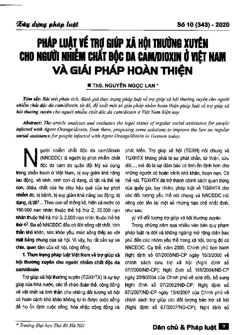 Pháp luật về trợ giúp xã hội thường xuyên cho người nhiễm chất độc da cam/diocin ở Việt Nam và giải pháp hoàn thiện = Laws on regular social assistance for people infected with Agent Orange / diocin in Vietnam and complete solution