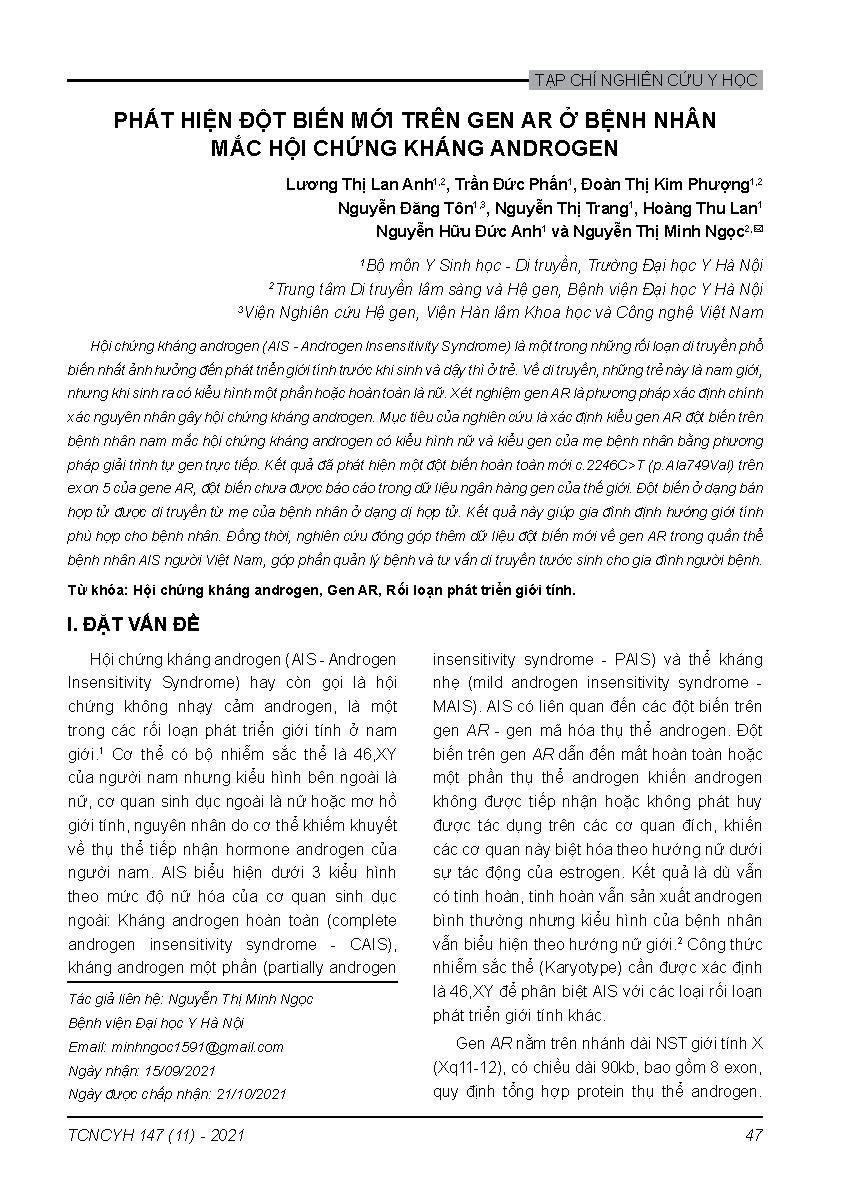 Phát hiện đột biến mới trên gen AR ở bệnh nhân mắc hội chứng kháng androgen = New mutation of AR gene in patients with androgen insensitivity syndrome