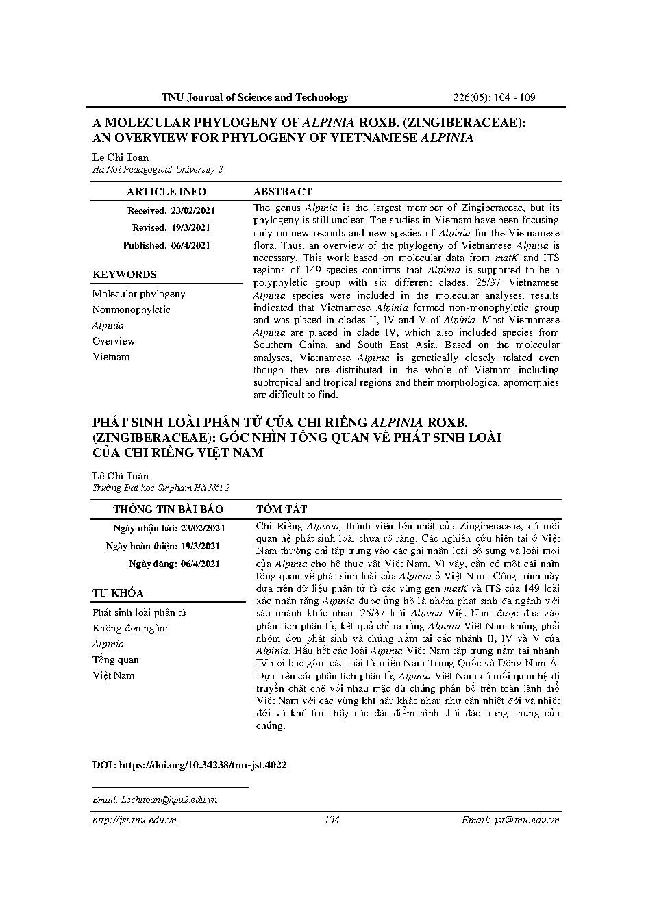 Phát sinh loài phân tử của chi riềng alpinia roxb. (zingiberaceae): góc nhìn tổng quan về phát sinh loài của chi riềng Việt Nam = A molecular phylogeny of alpinia roxb. (zingiberaceae): an overview for phylogeny of vietnamese alpinia