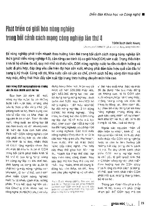 Phát triển cơ giới hóa nông nghiệp trong bối cảnh cách mạng công nghiệp lần thứ 4 = Developing agricultural mechanization in the context of the 4.0 industrial revolution