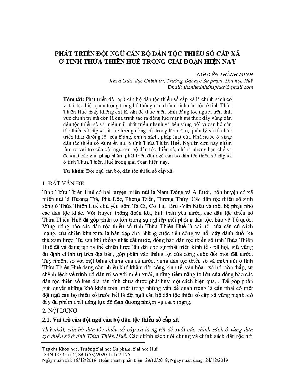 Phát triển đội ngũ cán bộ dân tộc thiểu số cấp xã ở tỉnh Thừa Thiên Huế trong giai đoạn hiện nay = Developing the contingent of ethnic minority cadres at commune level in contemporary Thua Thien Hue province