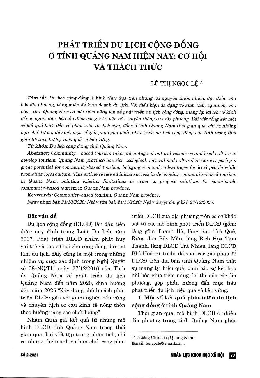 Phát triển du lịch cộng đồng ở tỉnh Quảng Nam hiện nay: Cơ hội và thách thức = Developing community-based tourism in Quang Nam province: Opportunities and challenges