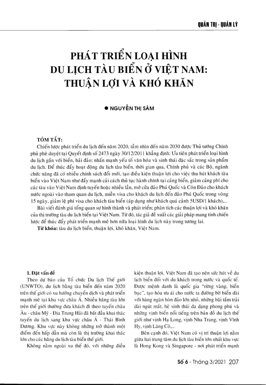 Phát triển loại hình du lịch tàu biển ở Việt Nam: Thuận lợi và khó khăn = Developing cruise ship tourism in Vietnam: Advantages and disadvantages