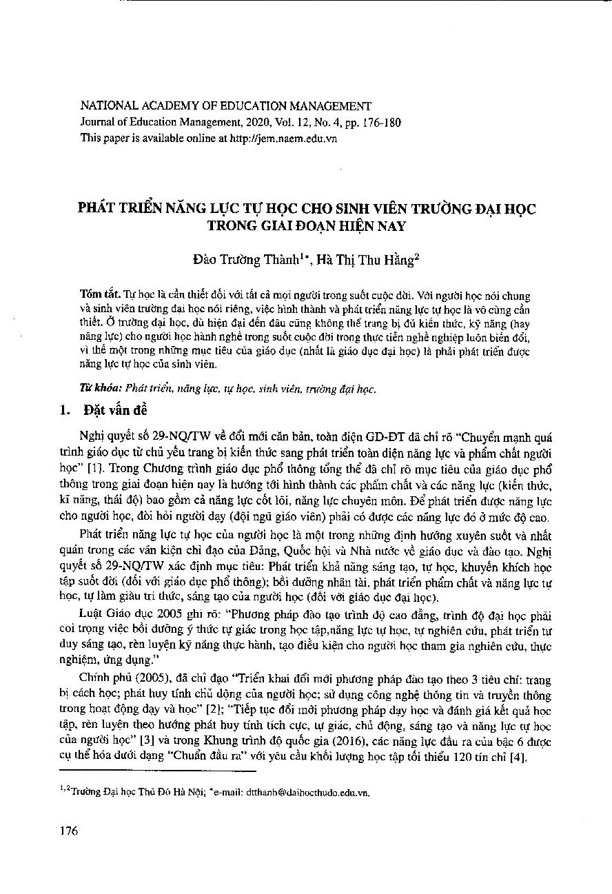 Phát triển năng lực tự học cho sinh viên trường đại học trong giai đoạn hiện nay = Developing self-study competence for university students in the current period