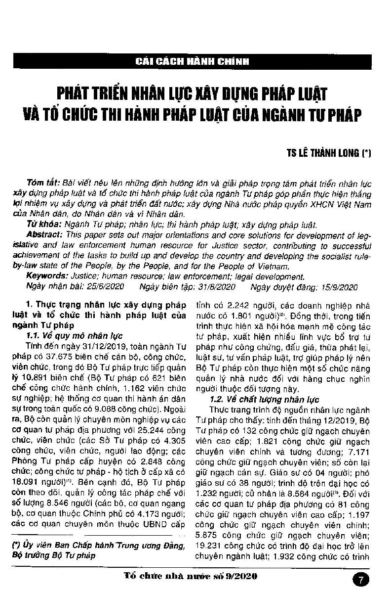 Phát triển nhân lực xây dựng pháp luật và tổ chức thi hành pháp luật của ngành Tư pháp = Developing legislative and law enforcement human resource for Justice sector