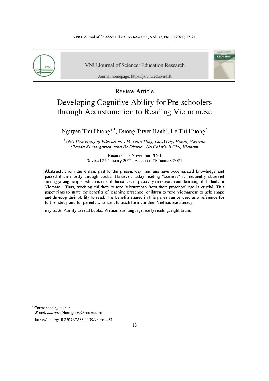 Phát triển tư duy cho trẻ mầm non thông qua việc làm quen với đọc chữ tiếng Việt = Developing cognitive ability for pre-schoolers through accustomation to reading Vietnamese