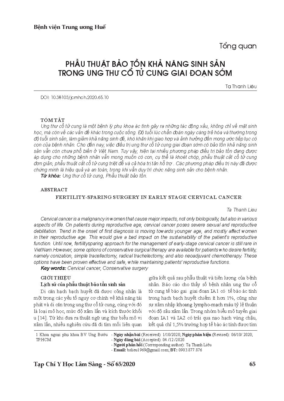 Phẫu thuật bảo tồn khả năng sinh sản trong ung thư cổ tử cung giai đoạn sớm = Fertility-sparing surgery in early stage cervical cancer