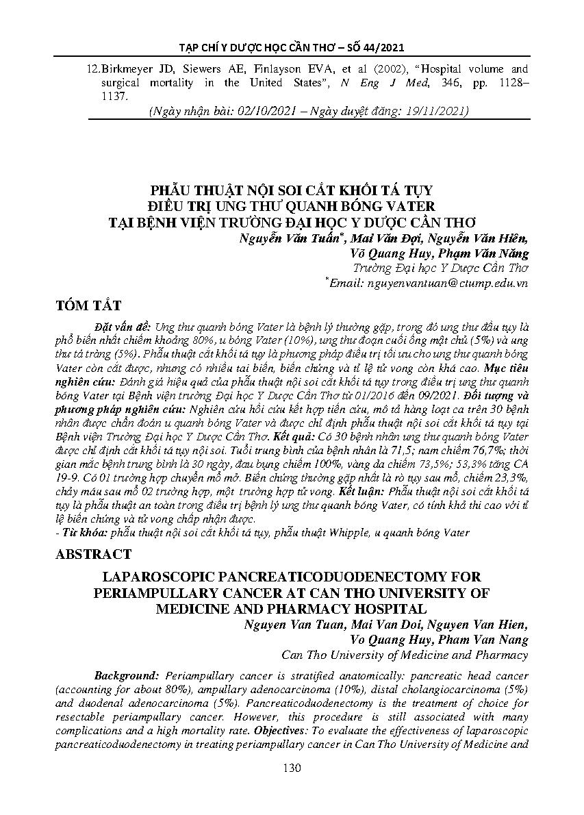 Phẫu thuật nội soi cắt khối tá tụy điều trị ung thư quanh bóng vater tại bệnh viện trường đại học y dược Cần Thơ = Laparoscopic pancreaticoduodenectomy for periampullary cancer at can tho university of medicine and pharmacy hospital
