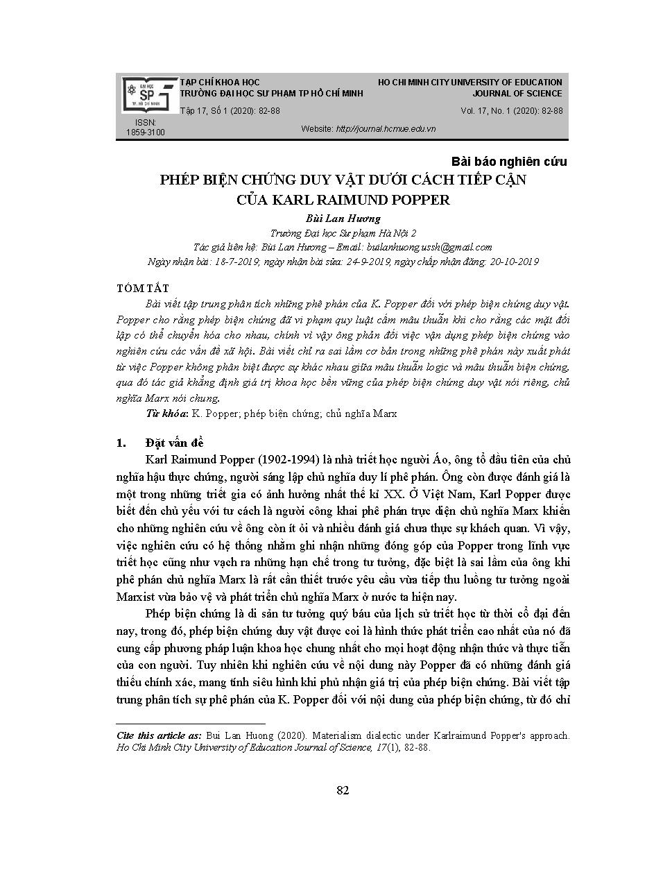PHÉP BIỆN CHỨNG DUY VẬT DƯỚI CÁCH TIẾP CẬN CỦA KARL RAIMUND POPPER = MATERIALISM DIALECTIC UNDER KARLRAIMUND POPPER'S APPROACH