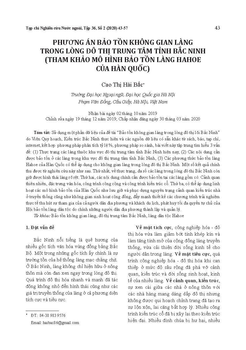 Phương án bảo tồn không gian làng trong lòng đô thị trung tâm tỉnh Bắc Ninh (tham khảo mô hình bảo tồn làng Hahoe của Hàn Quốc) = Options for preservation of village space in Bac Ninh’s central urban area (with reference to the preservation model of Hahoe village in Korea)