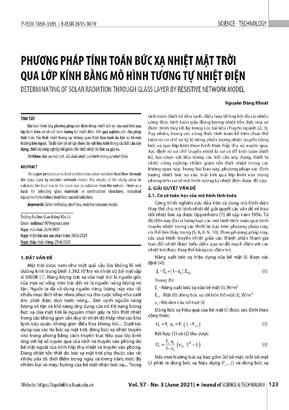 Phương pháp tính toán bức xạ nhiệt mặt trời qua lớp kính bằng mô hình tương tự nhiệt điện = Determinating of solar radiation through glass layer by resistive network model