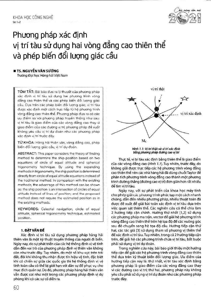 Phương pháp xác định vị trí tàu sử dụng hai vòng đẳng cao thiên thể và phép biến đổi lượng giác cầu = The ship position determination method uses two celestial isometric rings and spherical trigonometric transformations