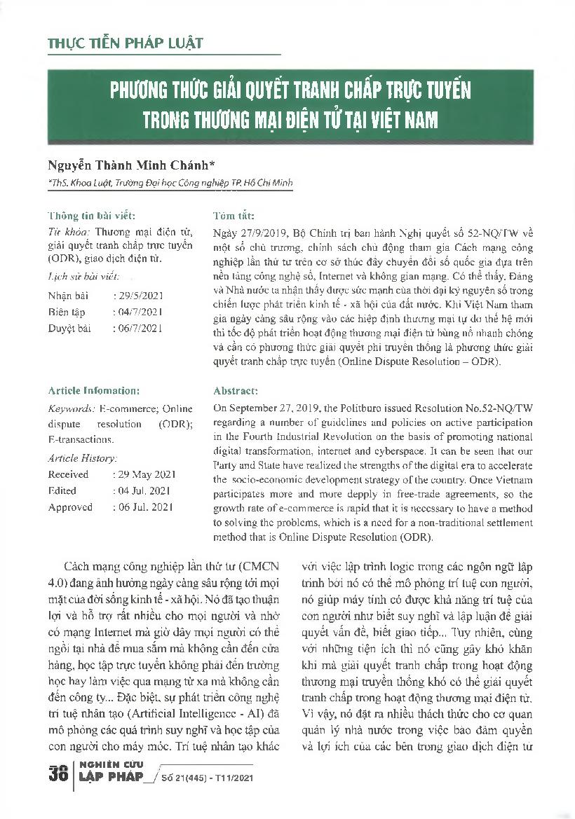 Phương thức giải quyết tranh chấp trực tuyến trong thương mại điện tử tại Việt Nam = Methods of online dispute resolution in e-commerce in Vietnam