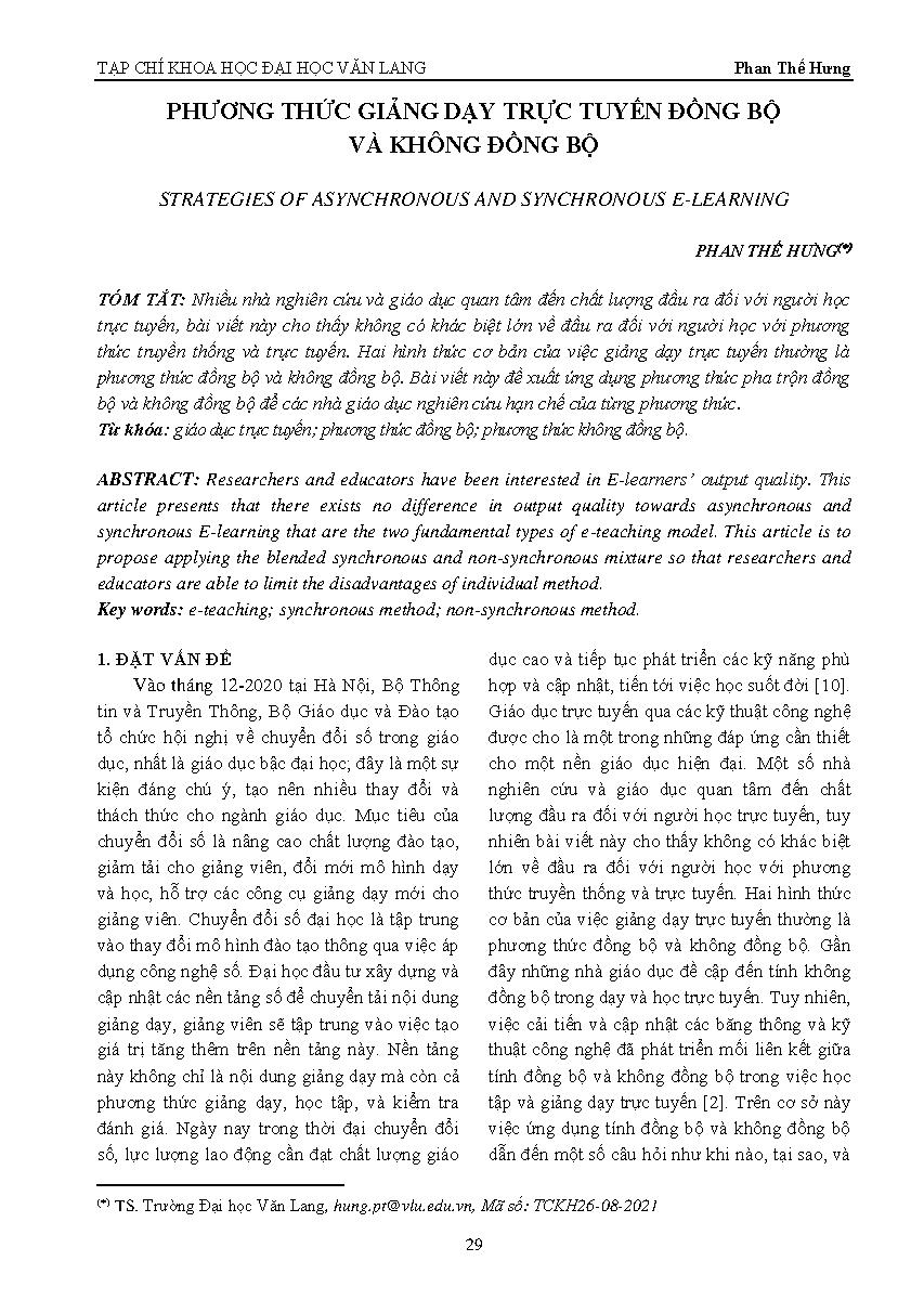 Phương thức giảng dạy trực tuyến đồng bộ và không đồng bộ = Strategies of asynchronous and synchronous e-learning