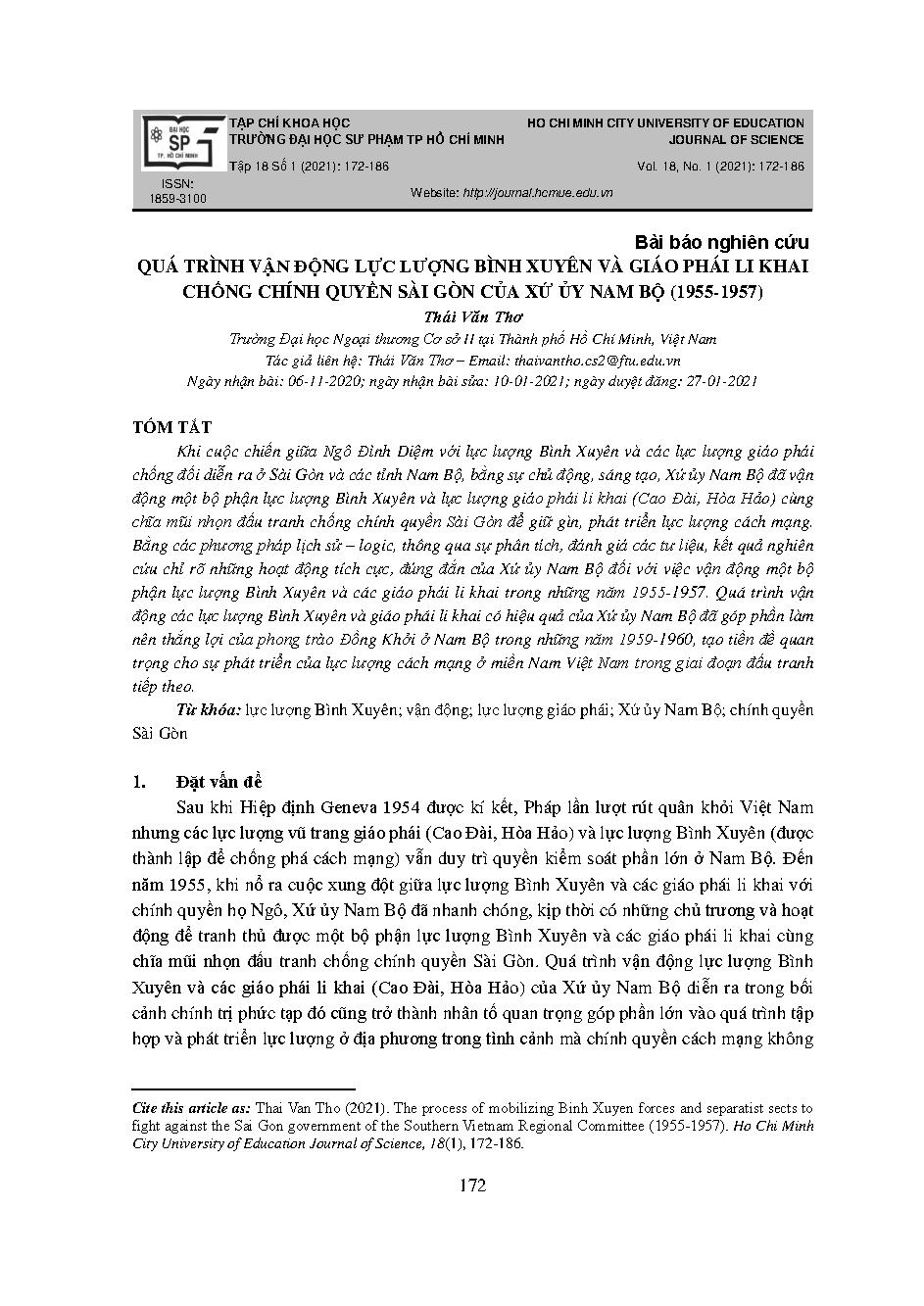 Quá trình vận động lực lượng bình xuyên và giáo phái li khai chống chính quyền sài gòn của xứ ủy nam bộ (1955-1957) = The process of mobilizing binh xuyen forces and separatist sects to fight against the sai gon government of the southern Vietnam regional committee (1955-1957)