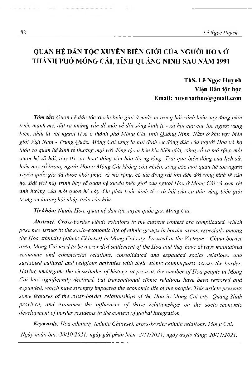 Quan hệ dân tộc xuyên biên giới của người Hoa ở thành phố Móng Cái, tỉnh Quảng Ninh sau năm 1991 = Cross-border ethnic relations of the Chinese in Mong Cai city, Quang Ninh province after 1991