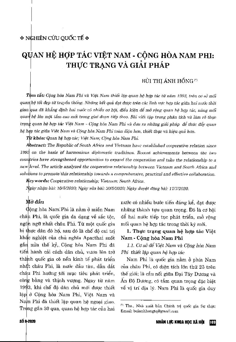Quan hệ hợp tác Việt Nam - Cộng hòa Nam Phi: Thực trạng và giải pháp = Cooperative relationship between Vietnam and South Africa: Situation and solution