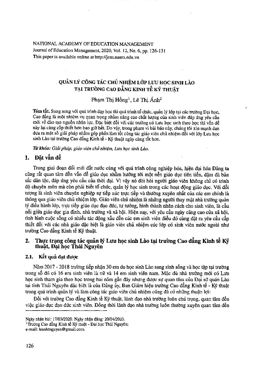 Quản lý công tác chủ nhiệm lớp lưu học sinh Lào tại Trường Cao đẳng Kinh tế kỹ thuật = Solutions for sound headteacher work of Laos students classes at College of Economics and Technology