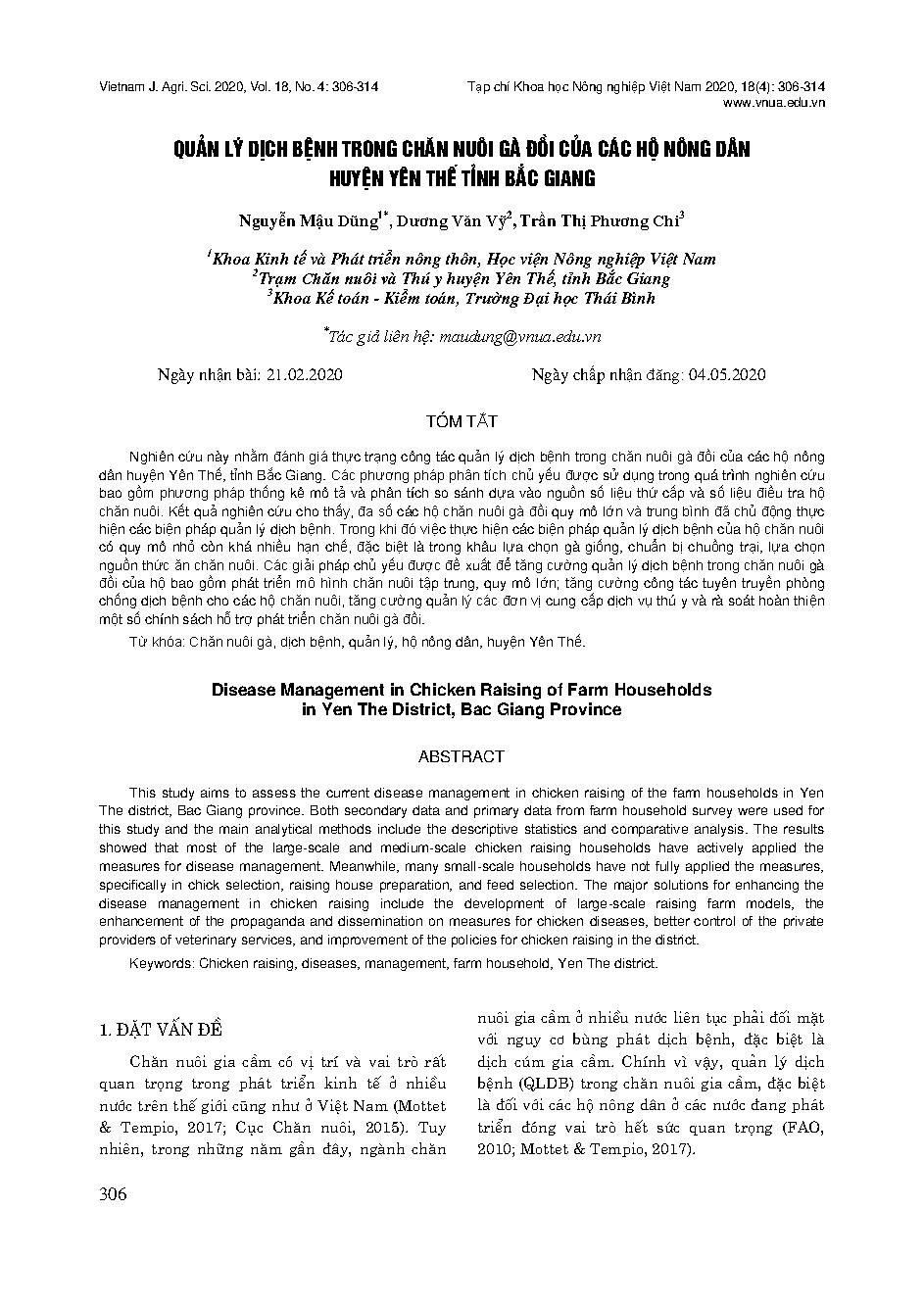 Quản lý dịch bệnh trong chăn nuôi gà đồi của các hộ nông dân huyện Yên Thế tỉnh Bắc Giang = Disease Management in Chicken Raising of Farm Households in Yen The District, Bac Giang Province