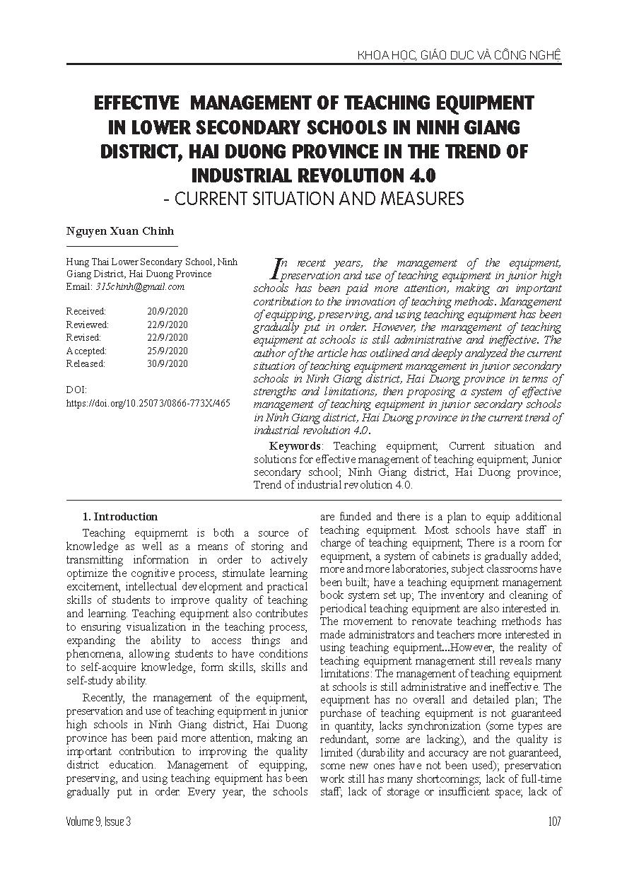 Quản lý hiệu quả thiết bị dạy học ở các trường trung học cơ sở huyện Ninh Giang, tỉnh Hải Dương trong xu thế cách mạng công nghiệp 4.0 - Thực trạng và biện pháp = Effective management of teaching equipment in lower secondary schools in Ninh Giang district, Hai Duong province in the trend of industrial revolution 4.0 - Current situation and measures