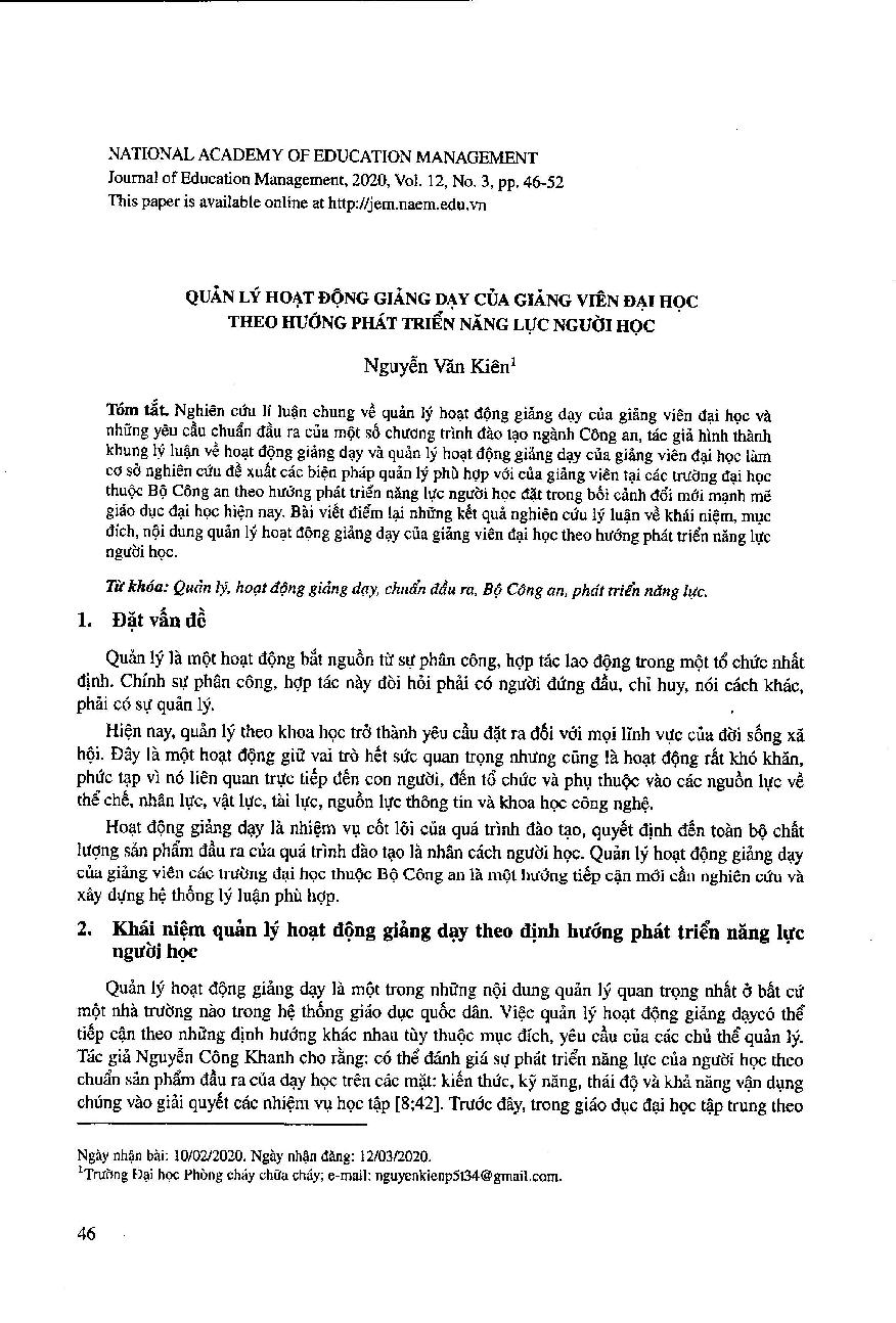 Quản lý hoạt động giảng dạy của giảng viên đại học theo hướng phát triển năng lực người học = University lecturers’ managing teaching activities towards developing learners’ competencies development