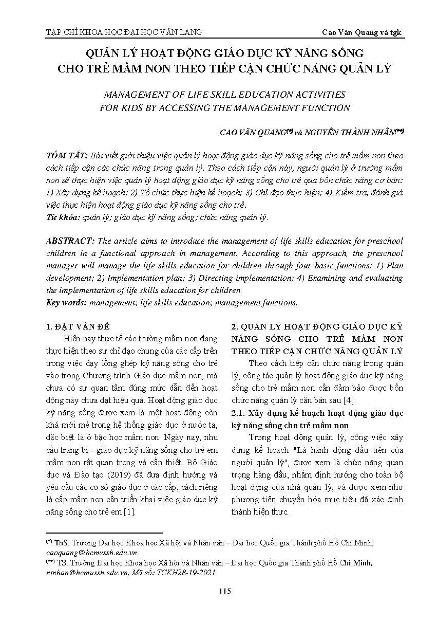 Quản lý hoạt động giáo dục kỹ năng sống cho trẻ mầm non theo tiếp cận chức năng quản lý = Management of life skill education activities for kids by accessing the management function