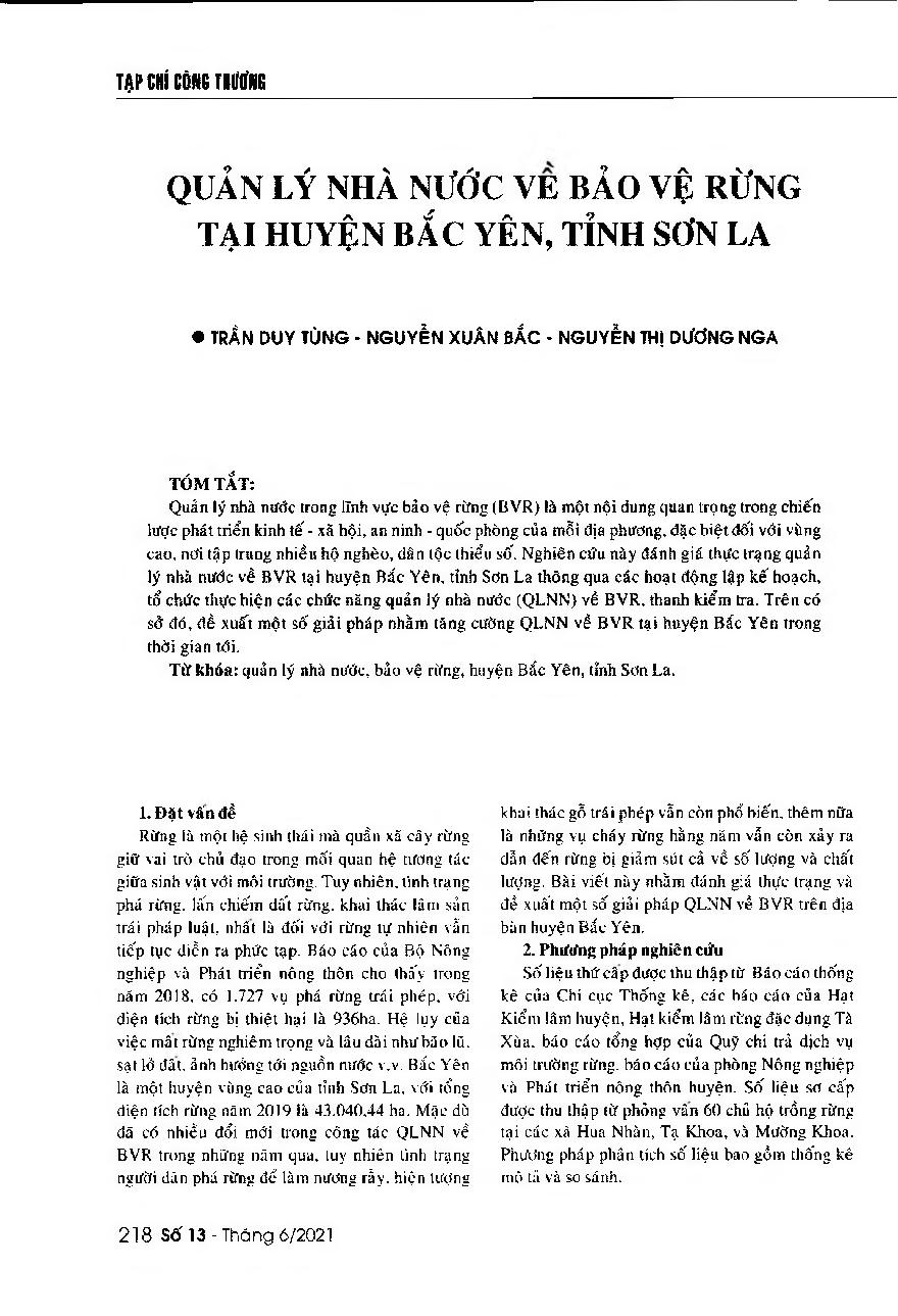 Quản lý nhà nước về bảo vệ rừng tại huyện Bắc Yên, tỉnh Sơn La = State management of forest protection in Bac Yen district, Son La province