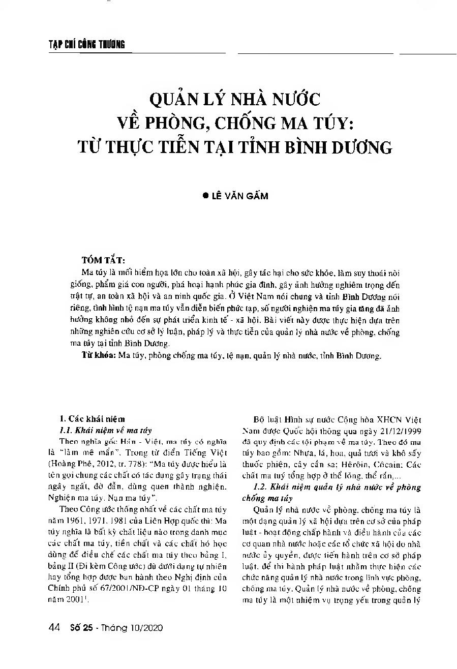 Quản lý nhà nước về phòng, chống ma túy - Từ thực tiễn tỉnh Bình Dương = The role of State management in drug prevention and control from practical perspectives in Binh Duong Province