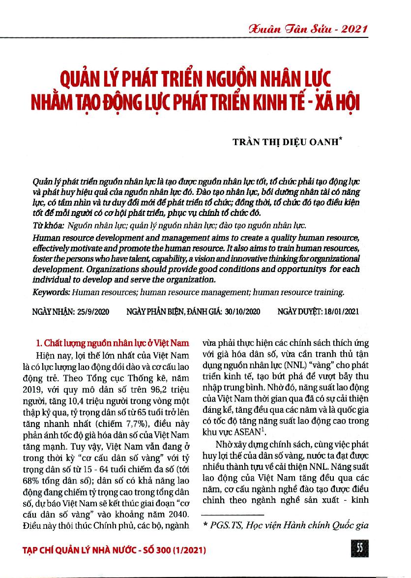 Quản lý phát triển nguồn nhân lực nhằm tạo động lực phát triển kinh tế - xã hội = Human resource development management aims to create a driving force for socio-economic development