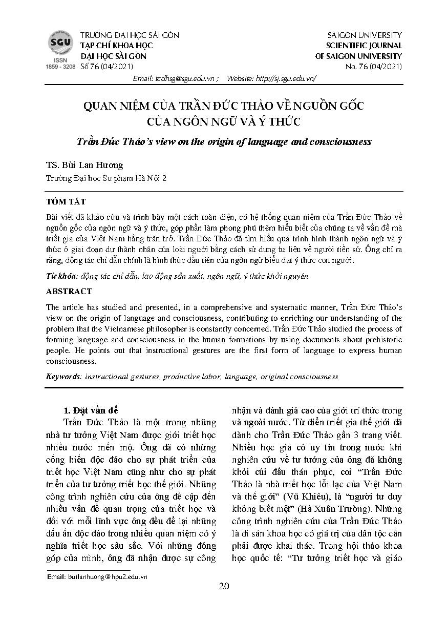 Quan niệm của Trần Đức Thảo về nguồn gốc của ngôn ngữ và ý thức = Tran Duc Thao’s view on the origin of language and consciousness