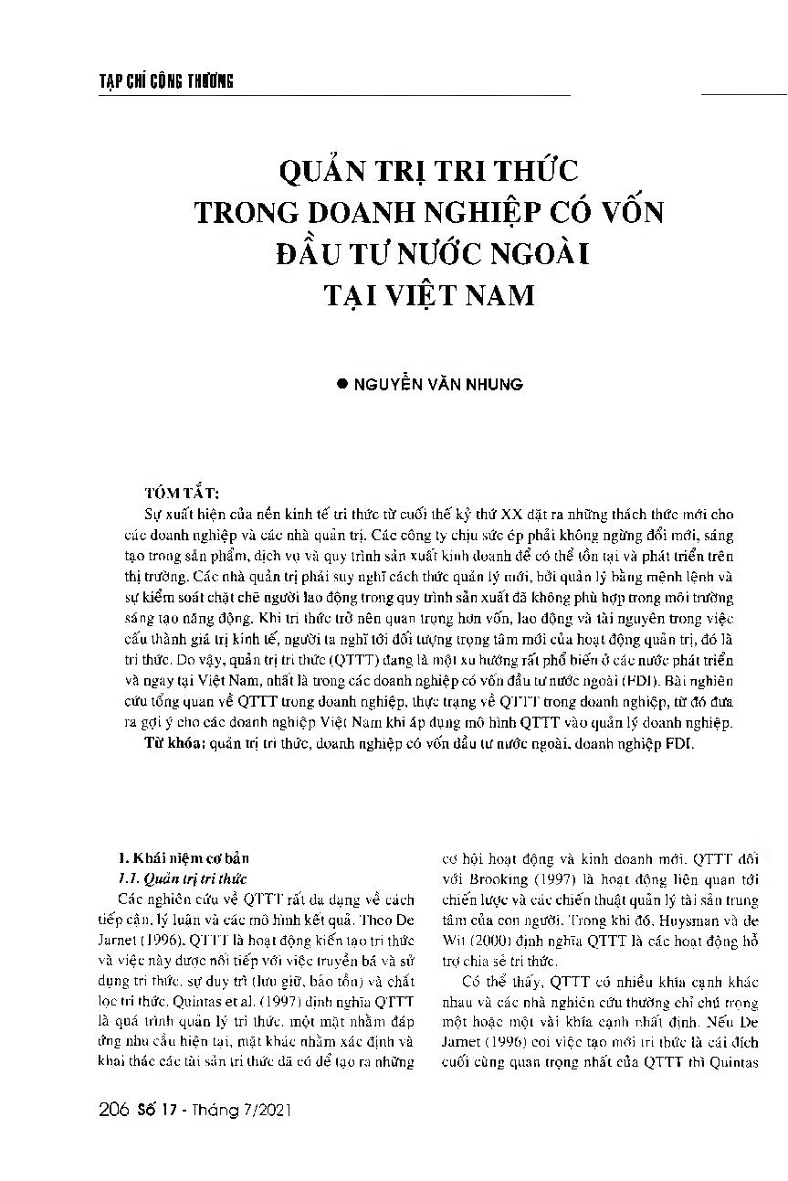 Quản trị tri thức trong doanh nghiệp có vốn đầu tư nước ngoài tại Việt Nam = Knowledge management in foreign invested enterprises in Vietnam