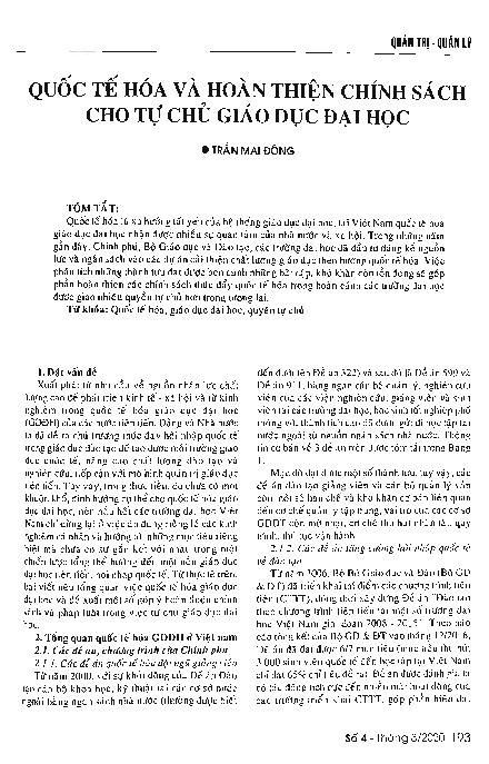 Quốc tế hóa và hoàn thiện chính sách cho tự chủ giáo dục đại học = Internationalization and optimal policies on the university autonomy in higher education