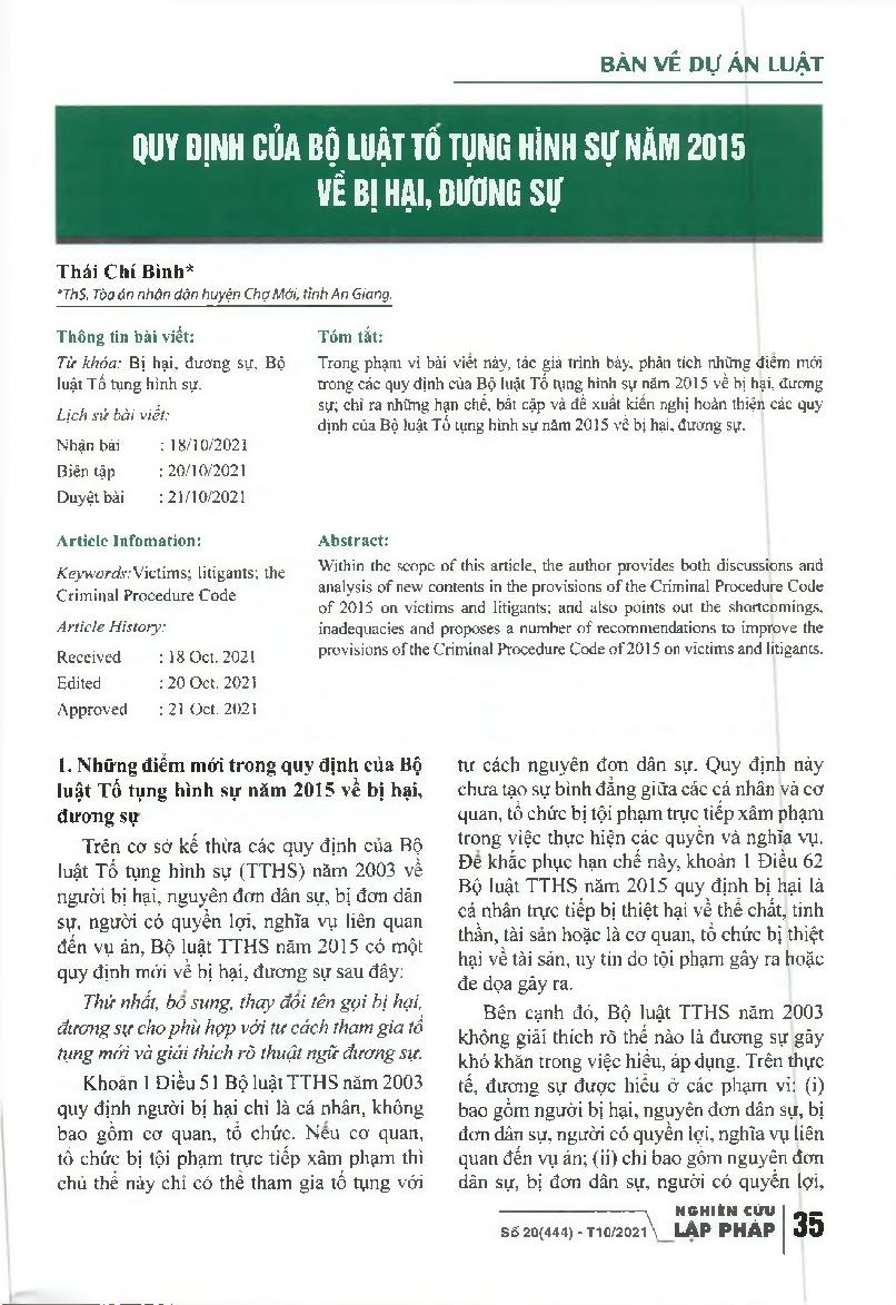 Quy định của bộ luật tố tụng hình sự năm 2015 về bị hại, đương sự = Provisions of the 2015 Criminal Procedure Code on victims and litigants
