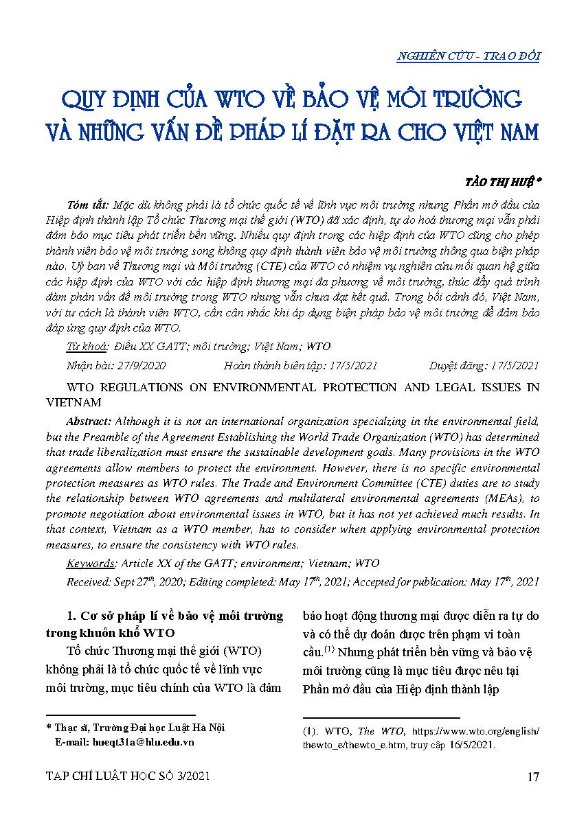 Quy định của WTO về bảo vệ môi trường và những vấn đề pháp lí đặt ra cho Việt Nam = WTO regulations on environmental protection and legal issues in Vietnam