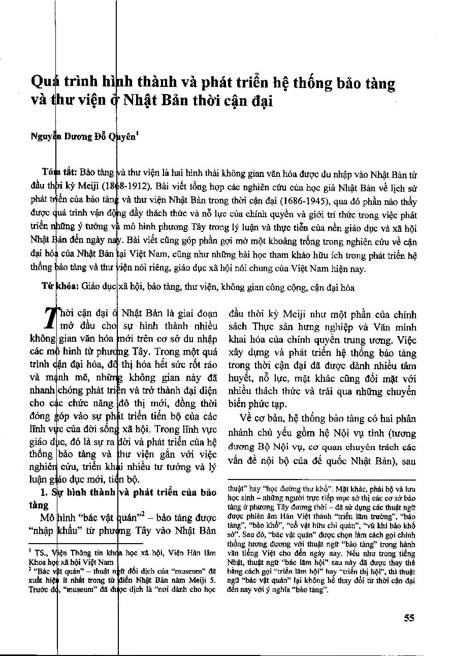 Quy trình hình thành và phát triển hệ thống bảo tàng và thư viện ở Nhật Bản thời cận đại = The Formation and Development Process of Japan’s System of Museums and Libraries in the Modern Period