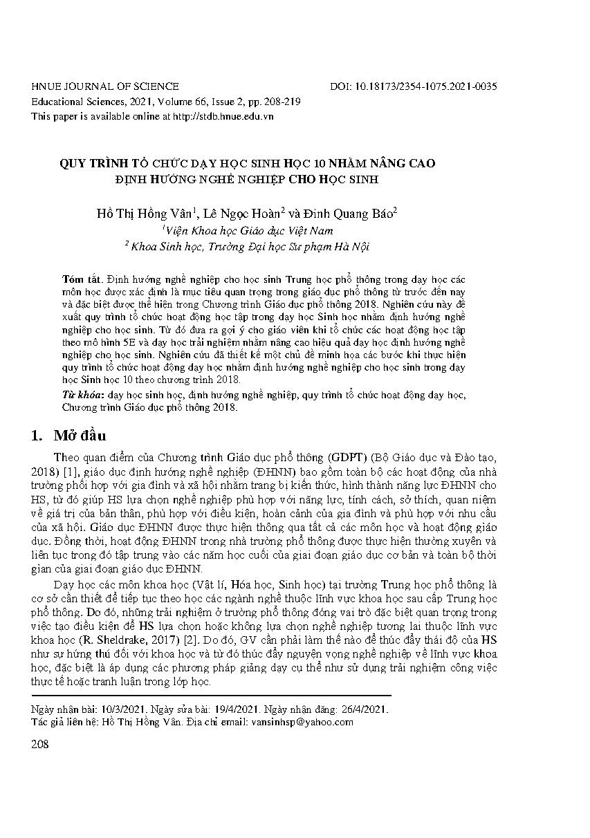 Quy trình tổ chức dạy học sinh học 10 nhằm nâng cao định hướng nghề nghiệp cho học sinh = Procedure for organizing learning activities in Biology grade 10 to promote students’ career orientation