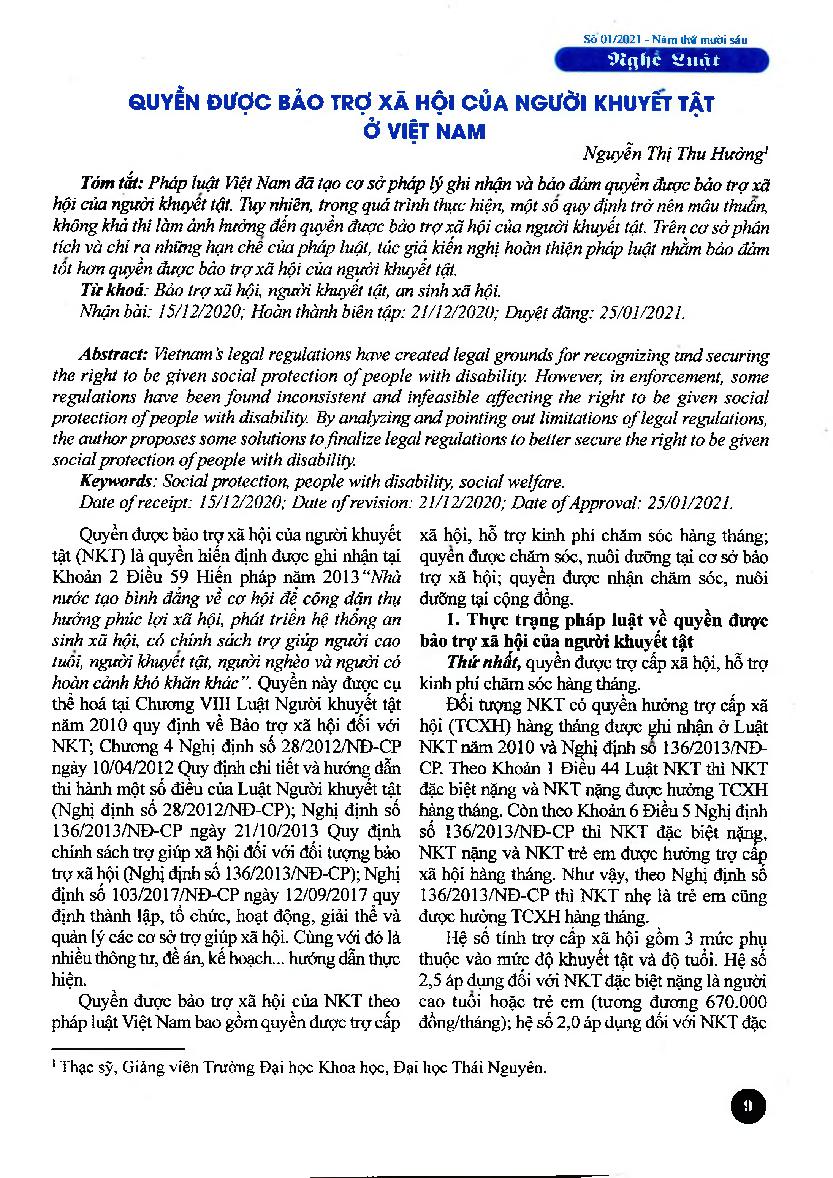 Quyền được bảo trợ xã hội của người khuyết tật ở Việt Nam = Rights to be given social protection of people with disability in Vietnam