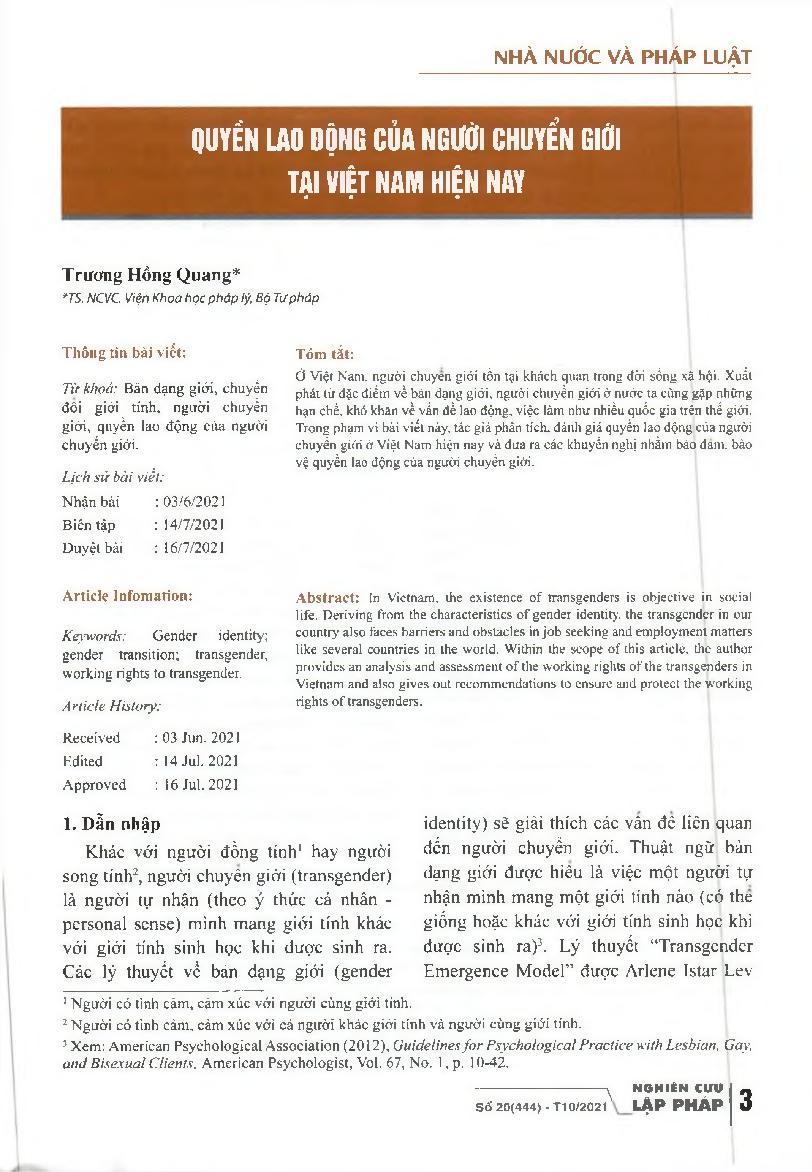 Quyền lao động của người chuyển giới tại Việt Nam hiện nay = Labor rights of transgender people in Vietnam today