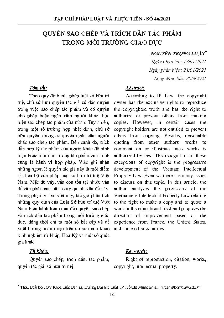Quyền sao chép và trích dẫn tác phẩm trong môi trường giáo dục = Copy the right to copy and quote the work in environmental education