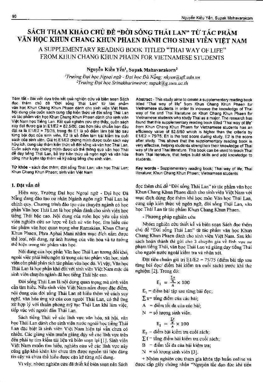 Sách tham khảo chủ đề “Đời sống Thái Lan” từ tác phẩm văn học Khun Chang Khun Phaen dành cho sinh viên Việt Nam = A supplementary reading book titled “thai way of life” from khun chang khun phaen for Vietnamese students